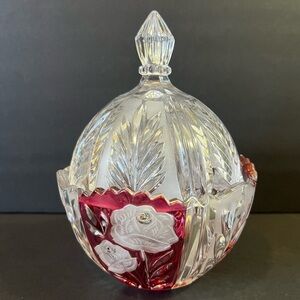 Anna Hutte Bleikristall Candy Dish Covered Lead Crystal Red Cranberry Ruby Flash